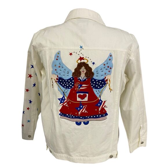 Quacker Factory Jacket Womens Sz Large Patriotic Angel Folk Art Americana Cotton - Picture 5 of 13